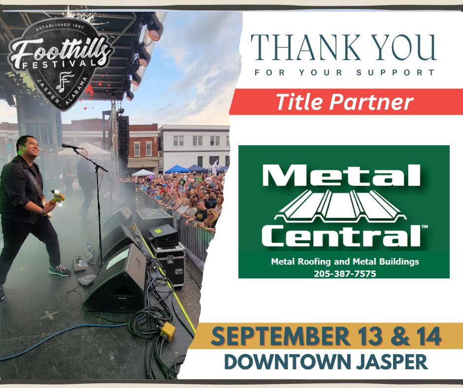 Foothills Festival would not be possible without our TITLE PARTNER - Metal Central! Thank you for your support! #foothillsfestival2024