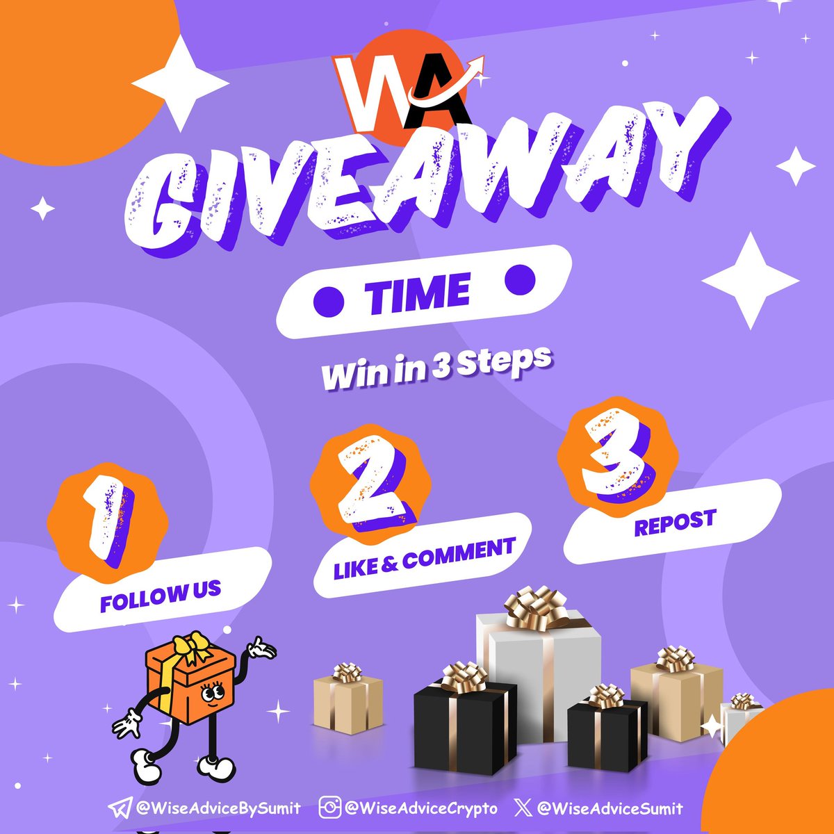 𝗚𝗜𝗩𝗘𝗔𝗪𝗔𝗬 𝗔𝗟𝗘𝗥𝗧 🤑🤑
 
I am going to give $𝟮𝟱𝟬 to the 3 𝑴𝒐𝒔𝒕 𝑨𝒄𝒕𝒊𝒗𝒆 𝒎𝒆𝒎𝒃𝒆𝒓𝒔 of my Twitter (X) community.
 
Prize for Winners 🏆 
 
🥇 1st: $100
 
🥈 2nd: $75
 
🥉 3rd: $75
 
To win 👇

▶️ Follow <a href="/wiseadvicesumit/">Wise Advice</a>
and <a href="/moneygurusumit/">Sumit Kapoor</a>

▶️ Like,