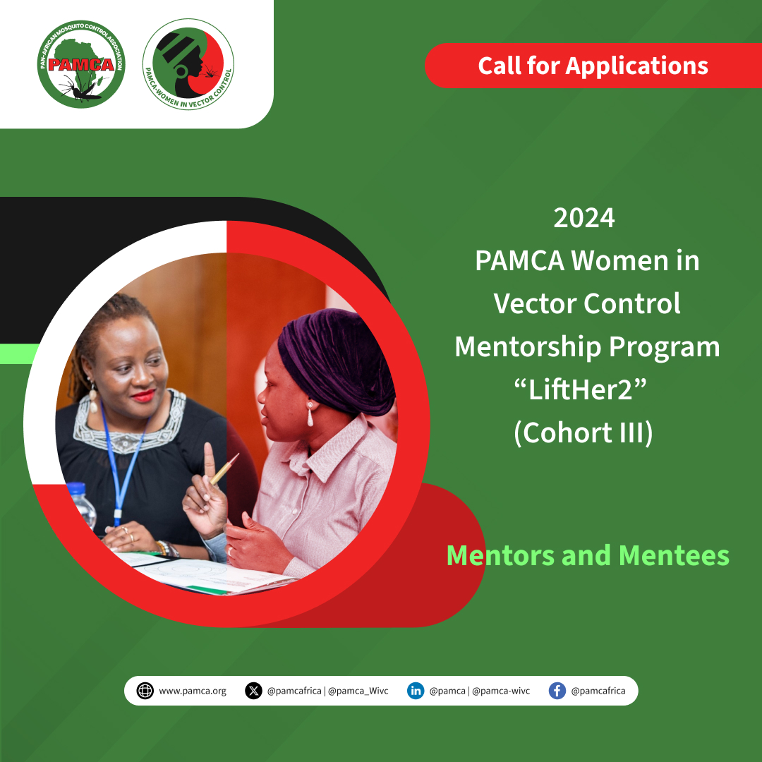 The 2024 PAMCA - WiVC Mentorship Program “LiftHer2” (Cohort III) is now open for application.
Apply &amp; be part of this program that promotes personal &amp; professional development for African women in VBD
Deadline: 30th August 
Apply here: pamca.org/en/resources/n…