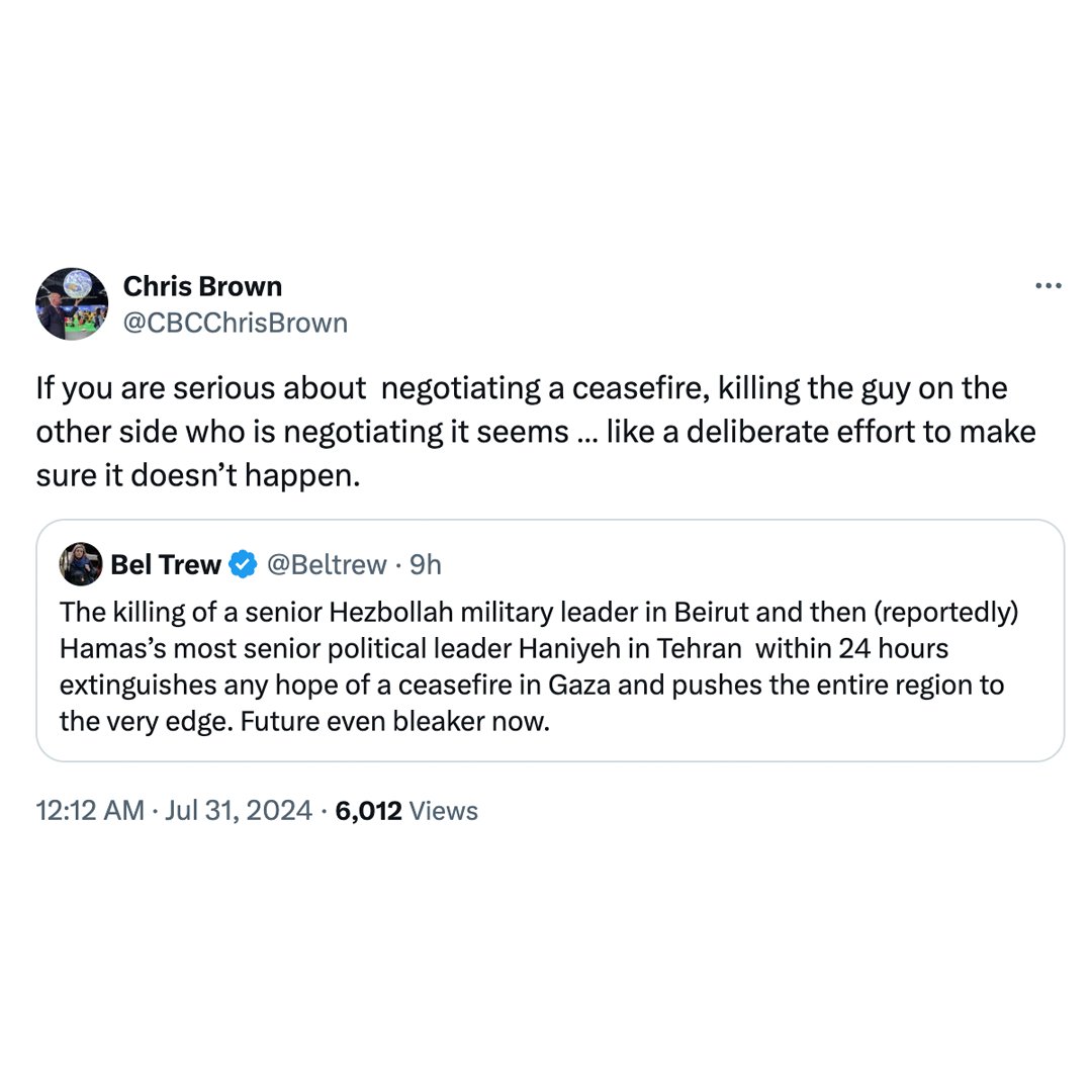 CBC is mourning the loss of the leader of Hamas, who carried out the biggest massacre of Jews since the Holocaust. 

Destroy Hamas. Defund the CBC.