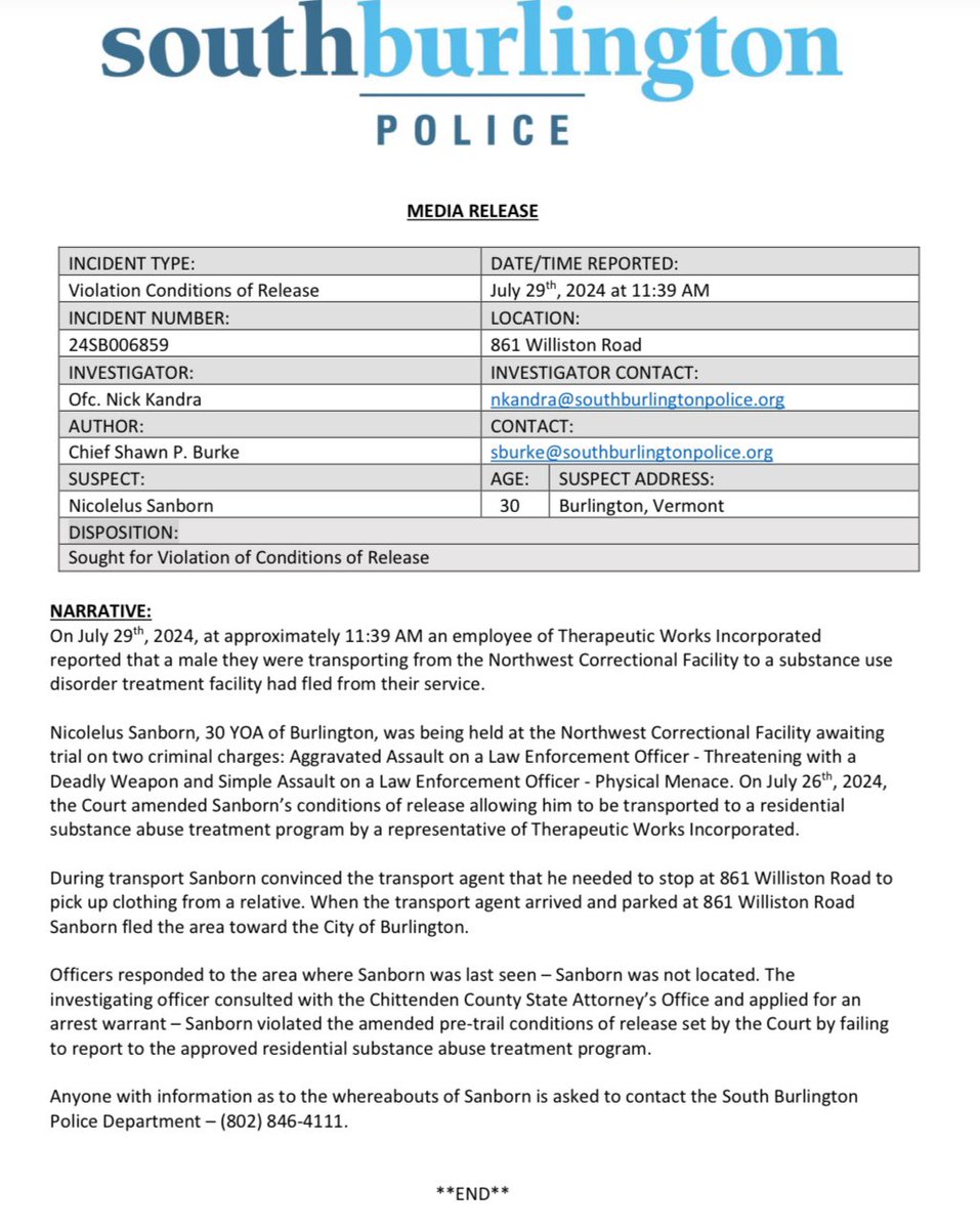 South Burlington Police tweet media