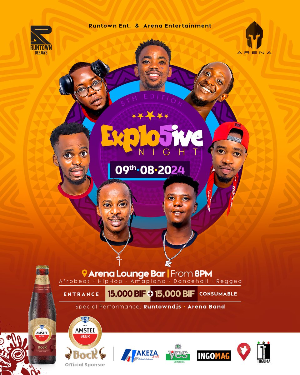 🔴 Sept têtes légendaires pour une soirée explosive 🧨 💥🔥
=================
Dans 10jours seulement, Bujumbura vibrera au rythme de la 5ème édition de la soirée « Explosive Night» . L’événement aura lieu le 9 Août 2024, à Arena Club de <a href="/MairieBuja/">Mairie de Bujumbura</a>.

Organisée par le collectif