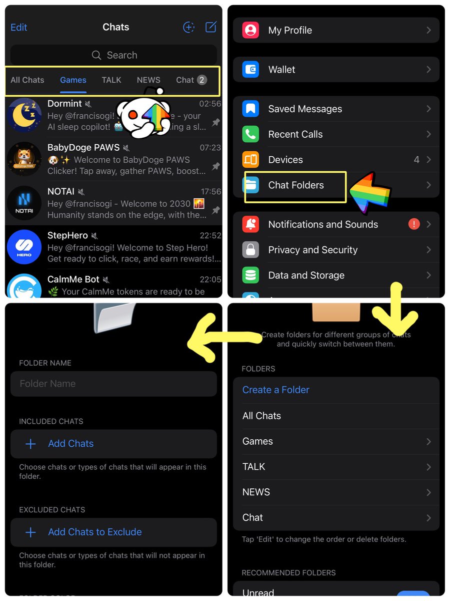 テレグラムが100倍好きになるフォルダ分け📝 テレグラムってごちゃごちゃして生理的に受け付けない😭 特にテレグラムのミニアプリが流行り出してから。  同じように思ってる方。 設定➡️ChatFolders ➡️Creat a Folder まだ試していないかたはぜひ！ #dormint  #stepapp ...