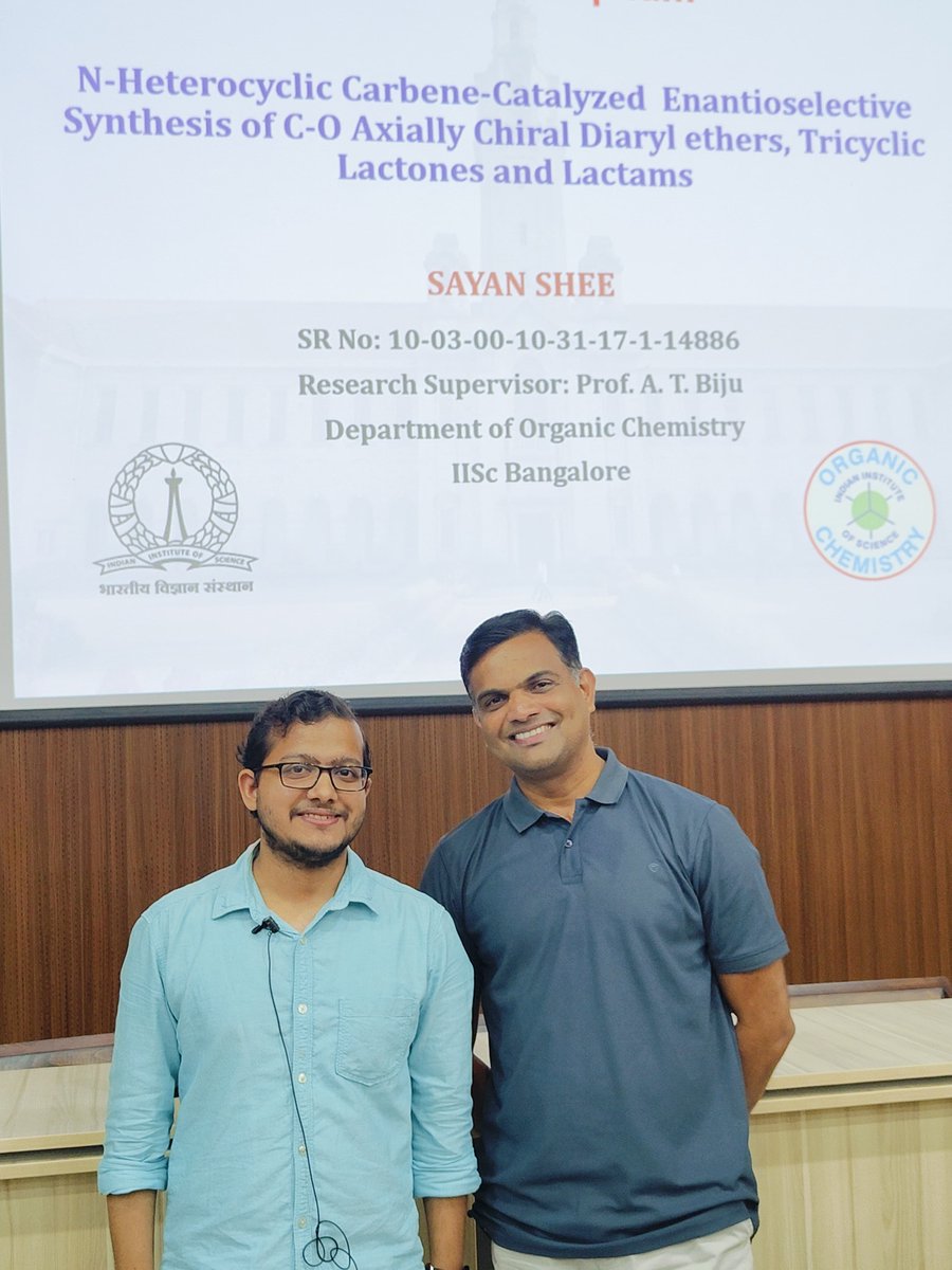 ATBiju Group (@atbijulab) on Twitter photo In the Thesis Colloquium today, our Int. PhD. coworker Sayan <a href="/SayanShee7/">Sayan Shee</a> presented his work on NHC-catalyzed atroposelective synthesis of C-O axially chiral diaryl ethers, tricyclic lactones/lactams. Good job Sayan👏, and all the best for your Thesis submission👍!
<a href="/iiscbangalore/">IISc Bangalore</a> In the Thesis Colloquium today, our Int. PhD. coworker Sayan <a href="/SayanShee7/">Sayan Shee</a> presented his work on NHC-catalyzed atroposelective synthesis of C-O axially chiral diaryl ethers, tricyclic lactones/lactams. Good job Sayan👏, and all the best for your Thesis submission👍!
<a href="/iiscbangalore/">IISc Bangalore</a>