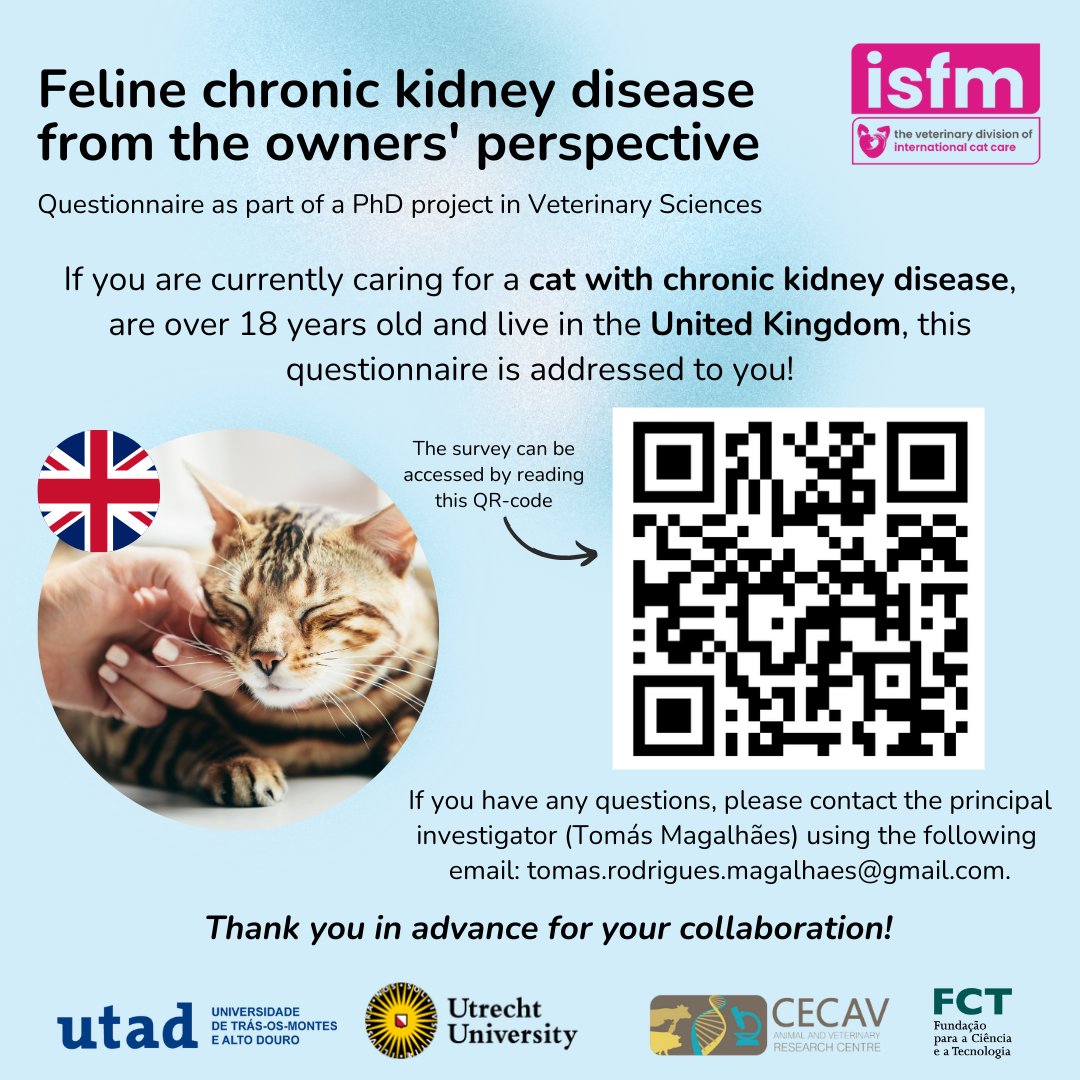 iCatCare's tweet image. We're looking for UK cat owners caring for a cat with chronic kidney disease (CKD) to help veterinary researchers gather more information on this condition. If you can spare 15 minutes, please consider taking the survey 👉 forms.office.com/r/JFUMCZBxUs

Let's collaborate for #cats! 😺