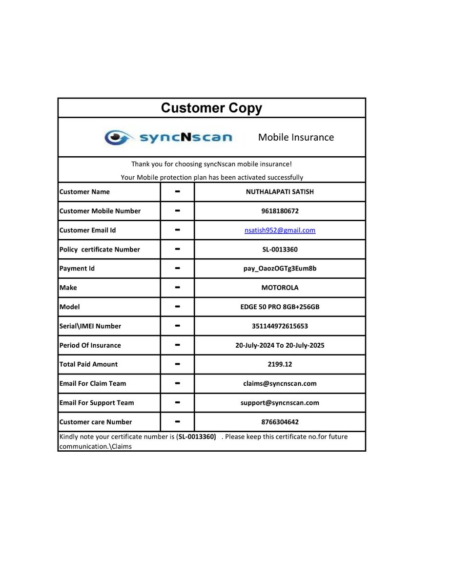 nsatish9999's tweet photo. @pradesh48492 respected sir I am buying mobile insurance from @syncNscan mobile insurance company in online company name registered from uttarpradesh they do not responsible for any claims and do not answer to customers so please take action on that fraud Company https://t.co/83VzbwSmkW
