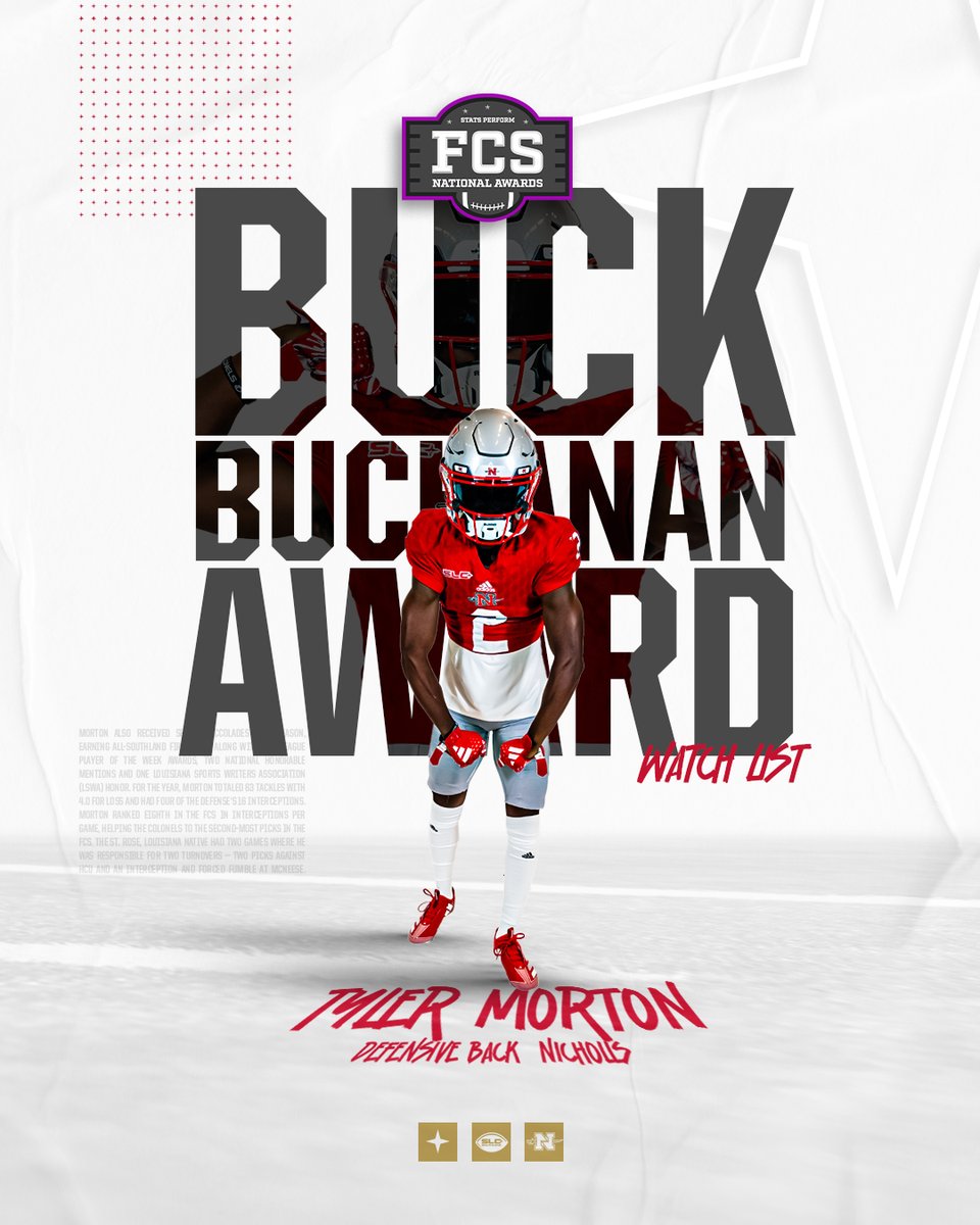 WATCH HIM 👀

Defensive back Tyler Morton of Nicholls has been named to the FCS Stats Perform Buck Buchanan Award Preseason Watch List.

#GasTankLeague