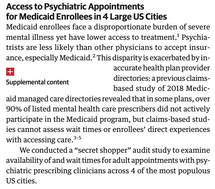 📢In a new study out today <a href="/JAMA_current/">JAMA</a>, we ask:

How hard is it to access psychiatric care in Medicaid across four of the largest US cities (Chicago, LA, NYC, and Phoenix)?

We conducted a secret shopper study to find out.

➡️jamanetwork.com/journals/jama/…

1/N