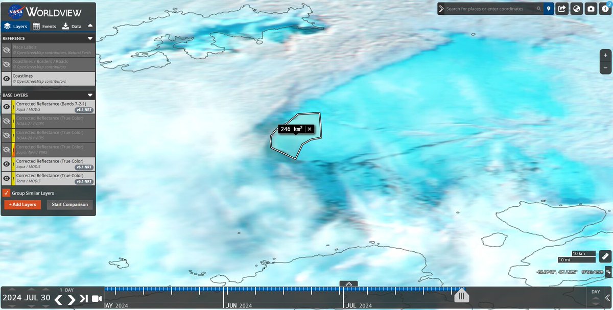 MagellanSpace's tweet photo. @Off_Valpo @Servimet_Armada @elmagallanews @MetArmada_Mag @Antarcticacl @DGTM_Chile @Armada_Chile @mindefchile @inach_gob @ifop_periodista @iaato_org @iicwg @meteochile_dmc @Senapred @Infodefensa @Dimarcolombia @inocarec @SMN_Argentina @DHN_peru @CopernicusEU @defis_eu @NOAASatellites @TTIMagallanes @SernaturXII @glaciares_ong @geofisica_udec @Austropatagonia @Meteoclick @miramagallanes @SCAR_Tweets @Dgf_uchile Según lo que se puede observar en worldview desde satelite AQUA es que #A76b mide 246km2 app. https://t.co/vtcFN56XJE