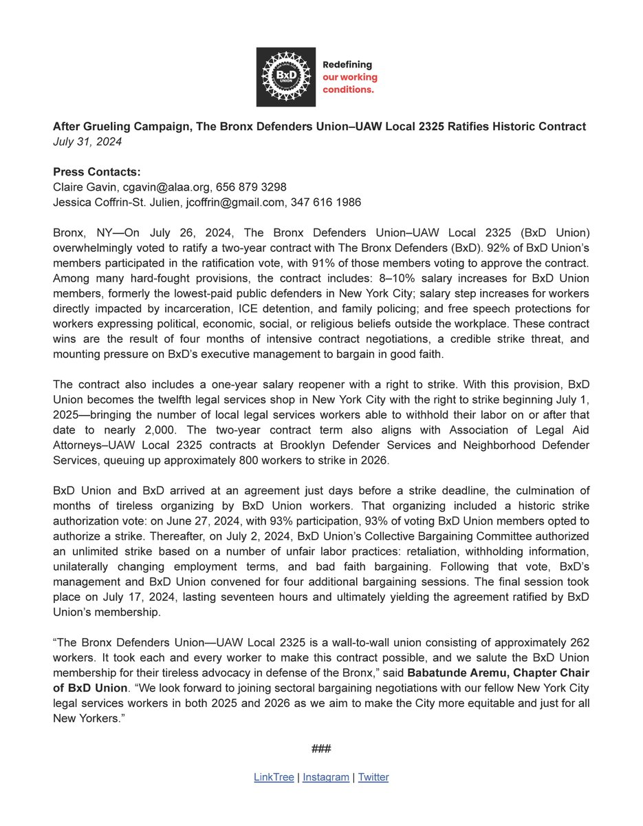 📣Press Release: After Grueling Campaign, The Bronx Defenders Union–UAW Local 2325 Ratifies Historic Contract

"'It took each and every @bronxdefenders worker to make this contract possible,' said Babatunde Aremu, Chapter Chair of BxD Union."

📎: tinyurl.com/bxdratifies