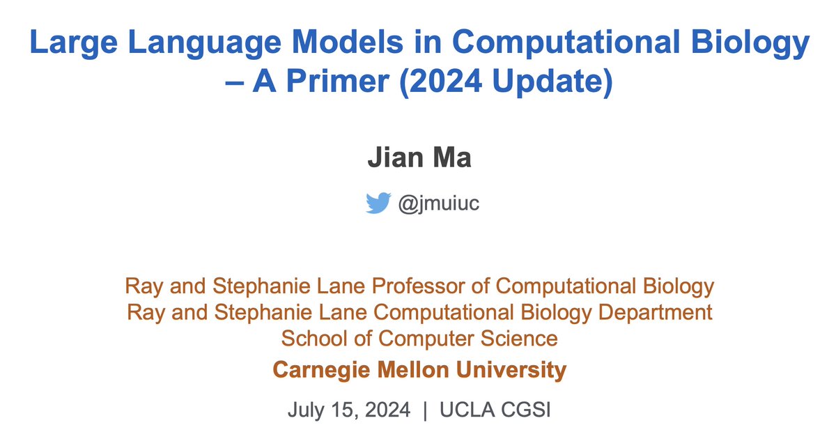 Jian Ma (@jmuiuc) on Twitter photo I'm sharing a public version of my talk slides <a href="/UCLA_CGSI/">CGSI-The Computational Genomics Summer Institute</a> two weeks ago - an update from my #LLMs #compbio Primer talk last year - w/ a focus on genomics FMs (DNA, scRNA). As we're exploring related topics, we remain very interested but also skeptical. 1/3 cs.cmu.edu/~jianma/talks/… I'm sharing a public version of my talk slides <a href="/UCLA_CGSI/">CGSI-The Computational Genomics Summer Institute</a> two weeks ago - an update from my #LLMs #compbio Primer talk last year - w/ a focus on genomics FMs (DNA, scRNA). As we're exploring related topics, we remain very interested but also skeptical. 1/3 cs.cmu.edu/~jianma/talks/…