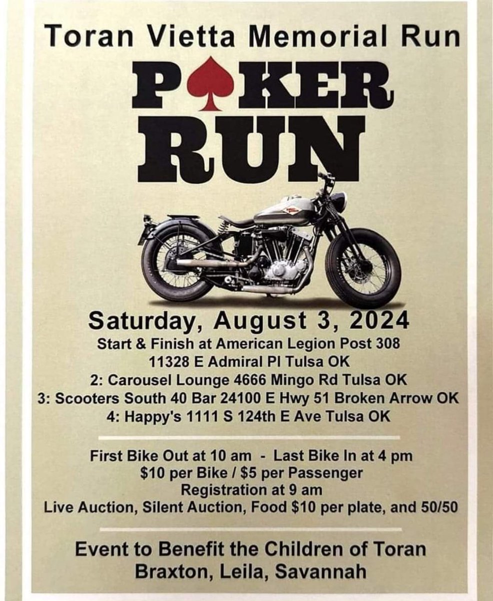 Biker_Rallies's tweet photo. Memorial Poker Run Aug 3 starting at American Legion in Tulsa, OK
#bikerrun #pokerrun #biker #Motorcycle #Oklahoma https://t.co/WYYLn9FICH