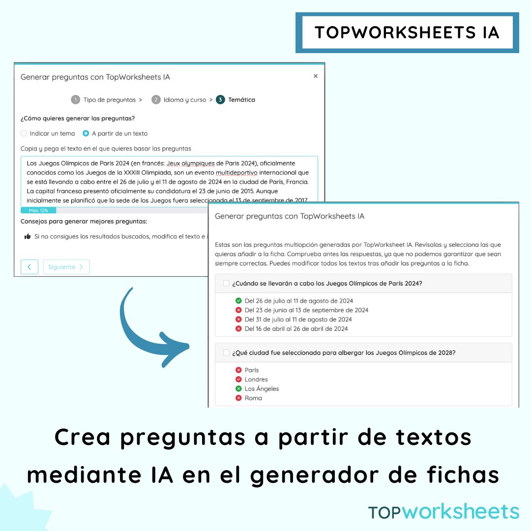Crea preguntas a partir de textos mediante IA en el generador de fichas 🤖 Recibe ideas y crea nuevas fichas fácilmente a partir de los textos con tus lecciones o relacionados con temas que estéis dando en clase. ¡Ahorrarás mucho tiempo al crear fichas! 💪