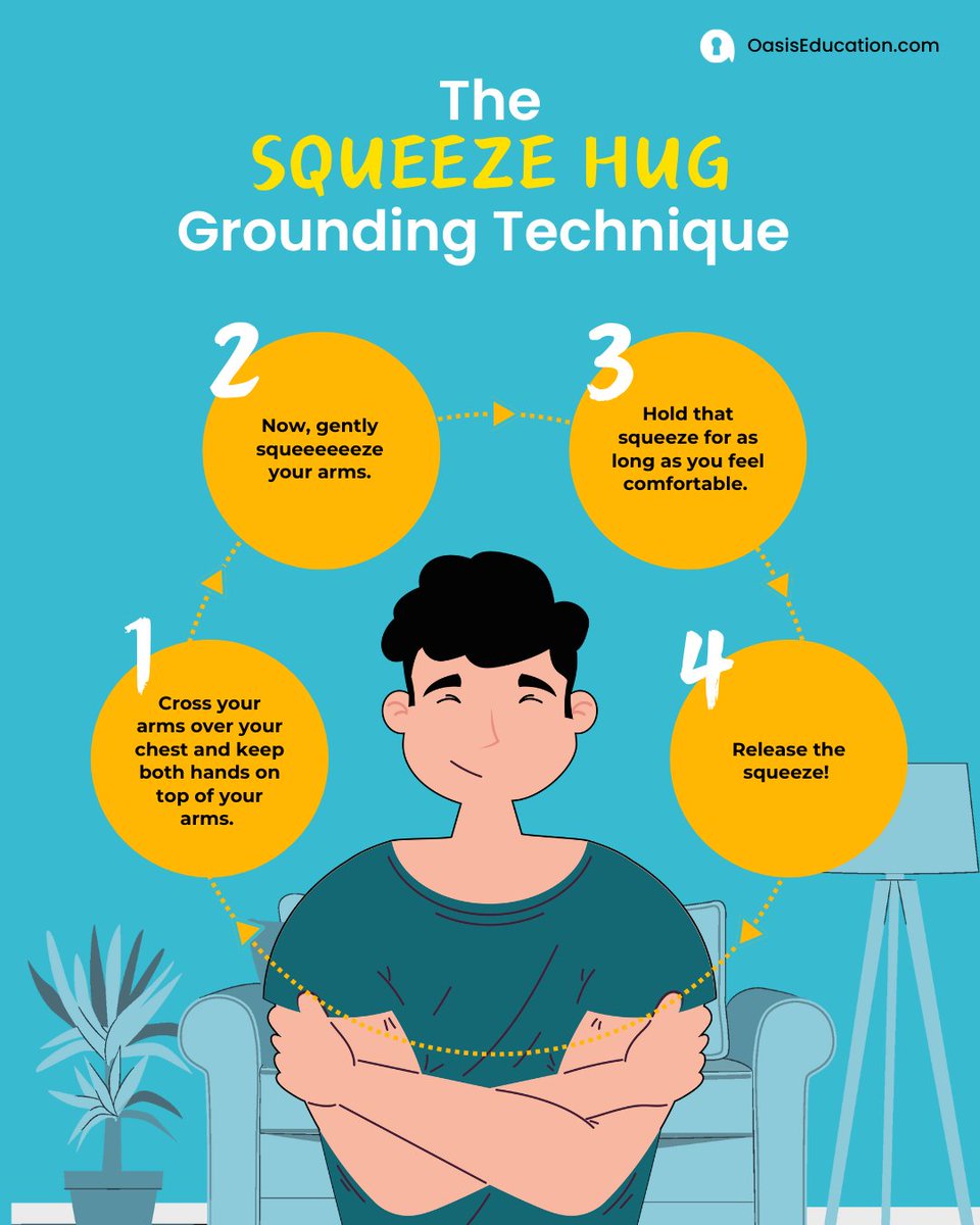 Feeling overwhelmed? Try the squeeze hug grounding technique! Wrap your arms around yourself or a loved one, squeeze gently, and take deep breaths. Feel the stress melt away as you reconnect with a sense of comfort and security. 

#GroundingTechnique #StressRelief #SelfCare