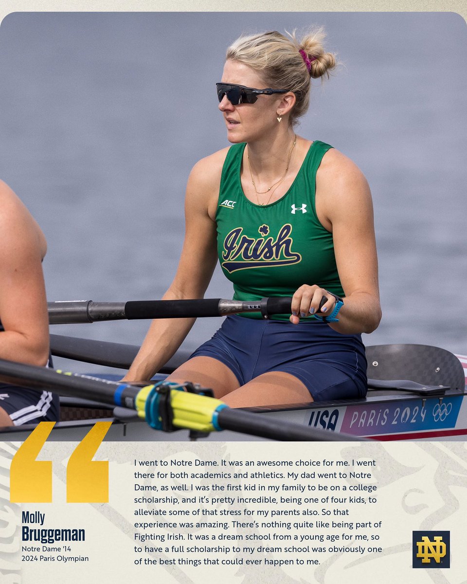 NDRowing's tweet photo. From South Bend to the 2024 Paris Olympics ☘️

Molly Bruggeman reflects on what being a Fighting Irish student athlete means to her. 

Catch Molly and the rest of the US Women’s 8+ tomorrow morning at 4:10 AM ET as they race for a spot in the final! 

#OlympiansMadeHere #RowIrish https://t.co/lkrtnhiiUg