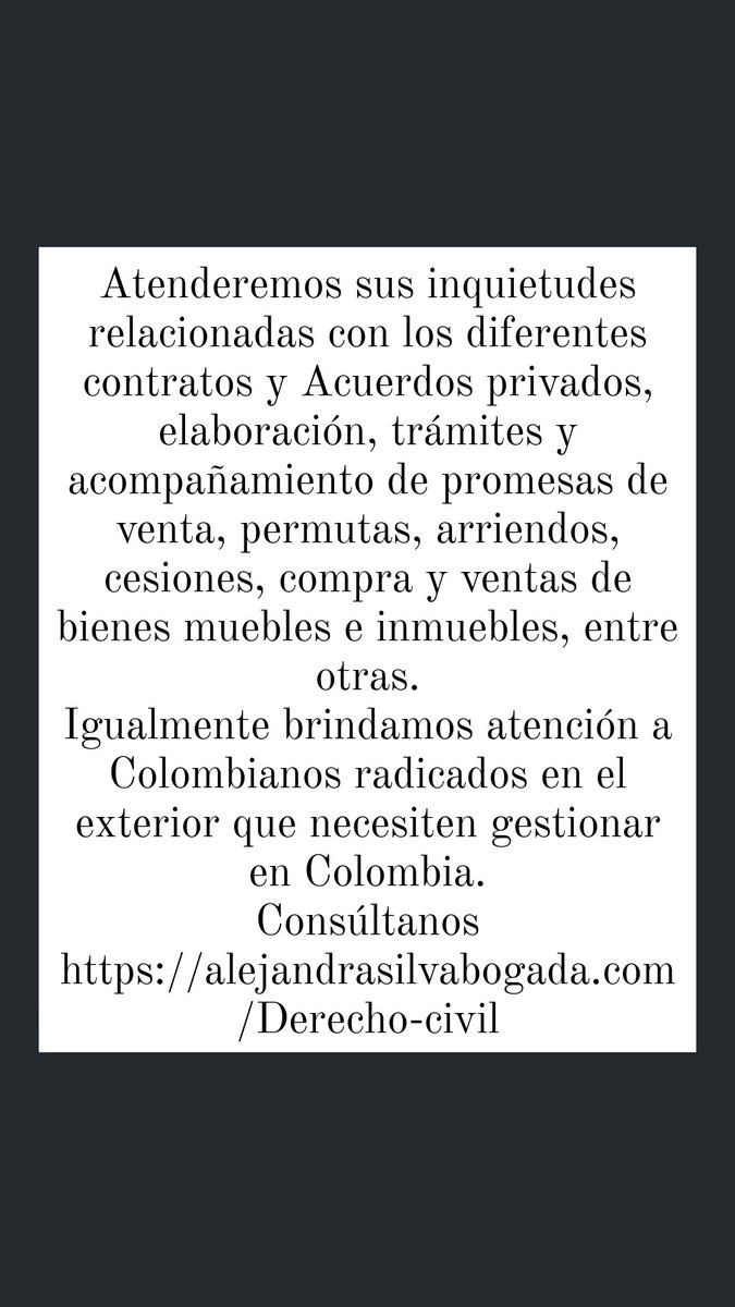 Alejandraaboga1's tweet photo. Consúltanos
https://t.co/R71MZlqxfQ
https://t.co/77S4uAde23
#DerechoAdministrativo
#DerechoCivil
#DerechoDeFamilia
#DerechoNotarial
#promesasdeventa
#DivorcioExpress
#tutela
#acuerdosprivados
https://t.co/sJ0G9zljmr https://t.co/E4yA1YxTiS