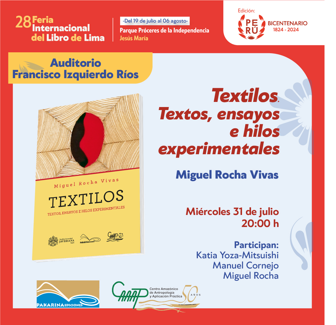 #pakarinaenlafil
A las 8:00 pm, en el auditorio Francisco Izquierdo Ríos presentaremos "TEXTILOS. TEXTOS, ENSAYOS E HILOS EXPERIMENTALES" de Miguel Rocha Vivas (Colombia), lo acompañan Katia Yoza-Mitsuishi (Perú) y Manuel Cornejo (Perú).
¡Kaypi shuyashayki!🌟📖🤩