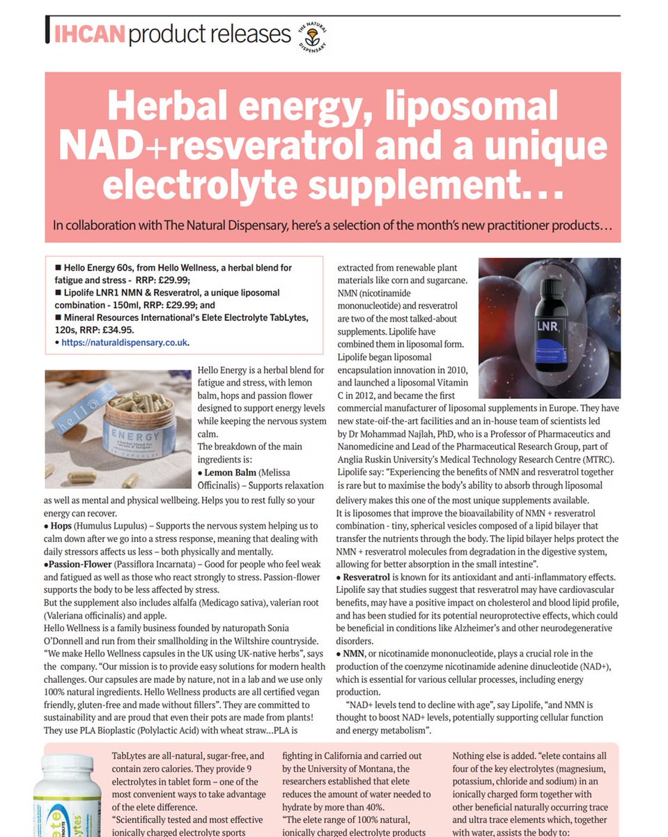 Herbal energy, liposomal NAD+resveratrol and a unique electrolyte supplement...

In collaboration with The Natural Dispensary, here’s a selection of the month’s new practitioner products…

Read the full article in our August issue 👉 ihcan-mag.com/subscribe