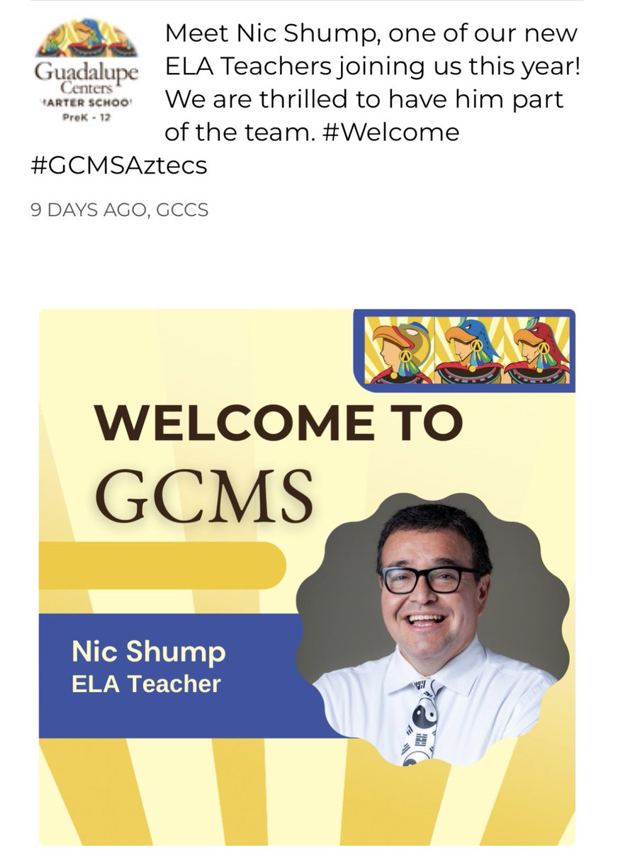 nicoxmas's tweet photo. Very excited to be joining the Guadalupe Center as a new English teacher. I needed a new start and could not have asked for a better outcome. Go Aztecs! https://t.co/x7F9mhOnAU