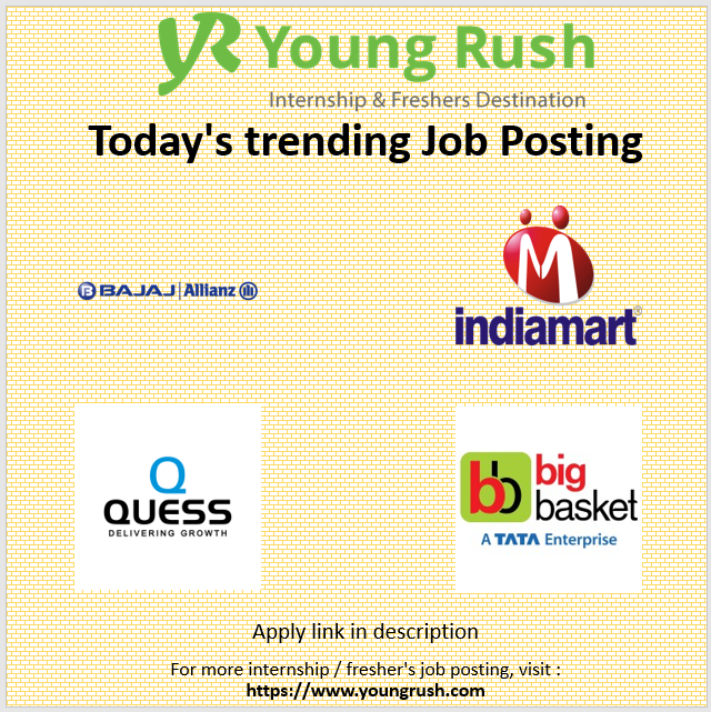 youngrushindia's tweet photo. Today's trending Internship &amp; Fresher's Job Postings:

Bajaj Allianz : https://t.co/30hLQcAWY1
BigBasket : https://t.co/dnhC4xhQVj
IndiaMart : https://t.co/SDw4PU8gto
QuessCorp : https://t.co/Y3qyCBX1cn

#youngrush #internships #freshers #hiring https://t.co/DVTF1LJgxC