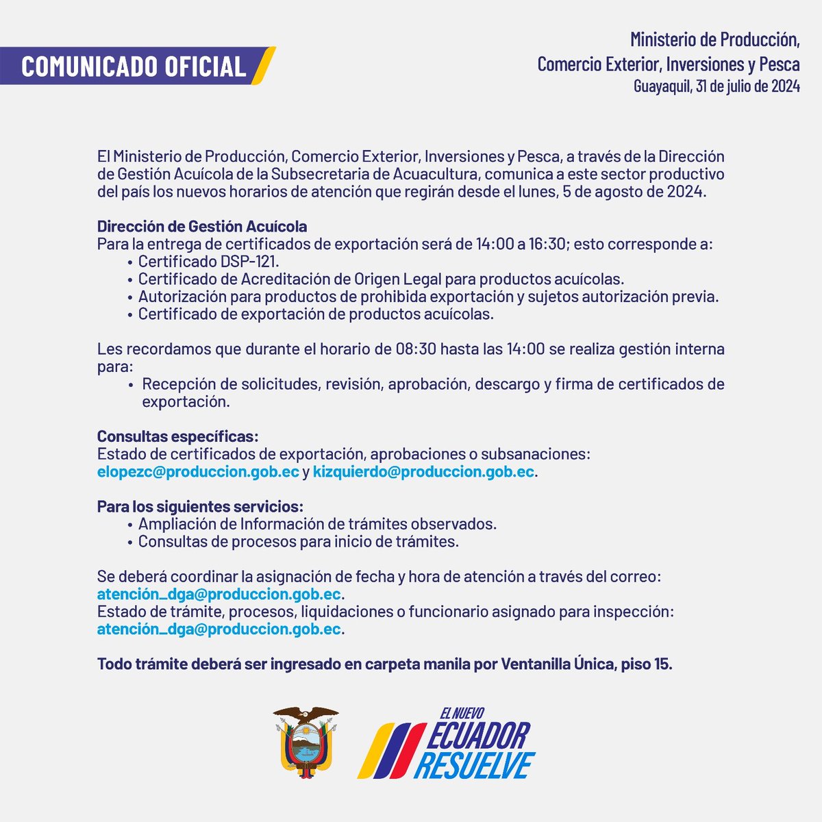 📢¡𝐀𝐭𝐞𝐧𝐜𝐢ó𝐧, 𝐬𝐞𝐜𝐭𝐨𝐫 𝐚𝐜𝐮í𝐜𝐨𝐥𝐚!

La Dirección de Gestión Acuícola🦐 actualiza los horarios de atención y entrega de sus certificados al sector exportador, desde el próximo 5 de agosto de 2024, a fin de brindar mayor comodidad a nuestros usuarios.
Aquí detalles👇