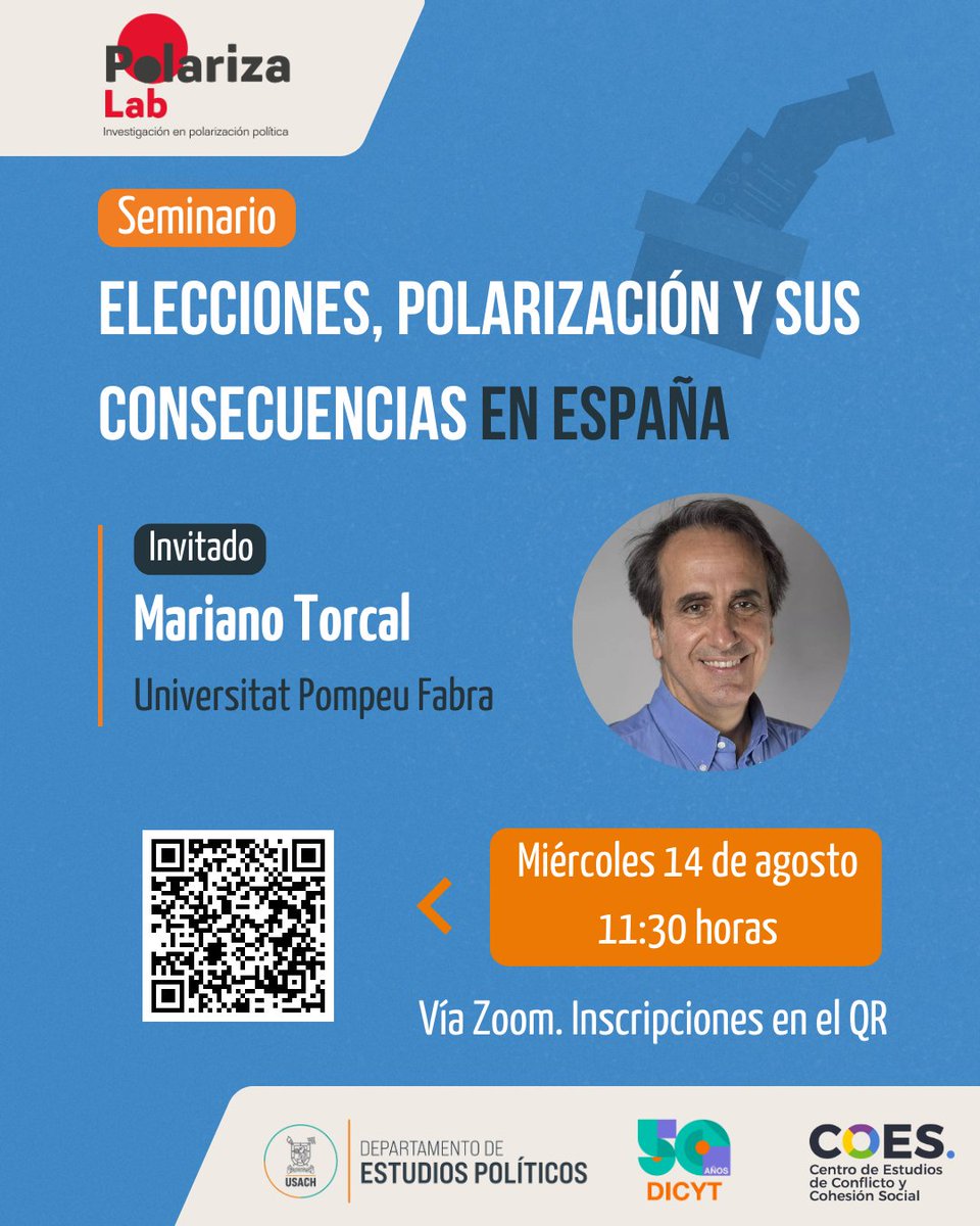 📌 El miércoles 14 de agosto comenzamos un ciclo de seminarios para conversar sobre polarización. Nuestro primer invitado es <a href="/MarianoTorcal/">Mariano Torcal</a> de <a href="/RECSM_UPF/">RECSM-UPF</a>, quien presentará sobre "Elecciones, Polarización y sus Consecuencias en España". El seminario es online, inscripciones 👇👇👇
