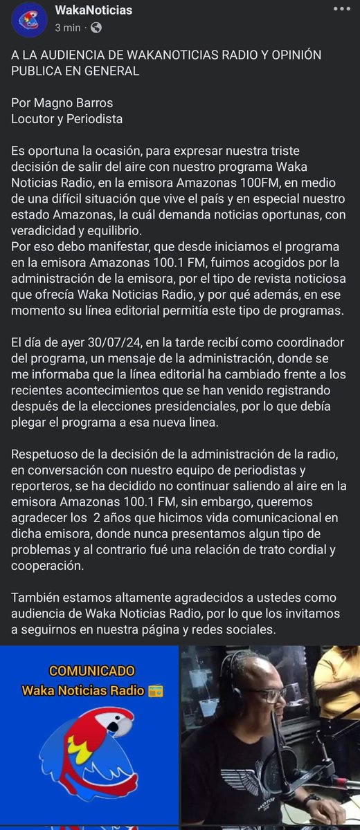 #AlertaSNTP | El programa
<a href="/WakaNoticias/">WakaNoticias</a> Radio, transmitido en #Amazonas 100.1 FM, salió del aire este #31Jul, luego de que su coordinador recibiera la instrucción de que debía plegarse a una nueva línea editorial, fijada tras las elecciones del #28Jul, a la que decidió no sumarse