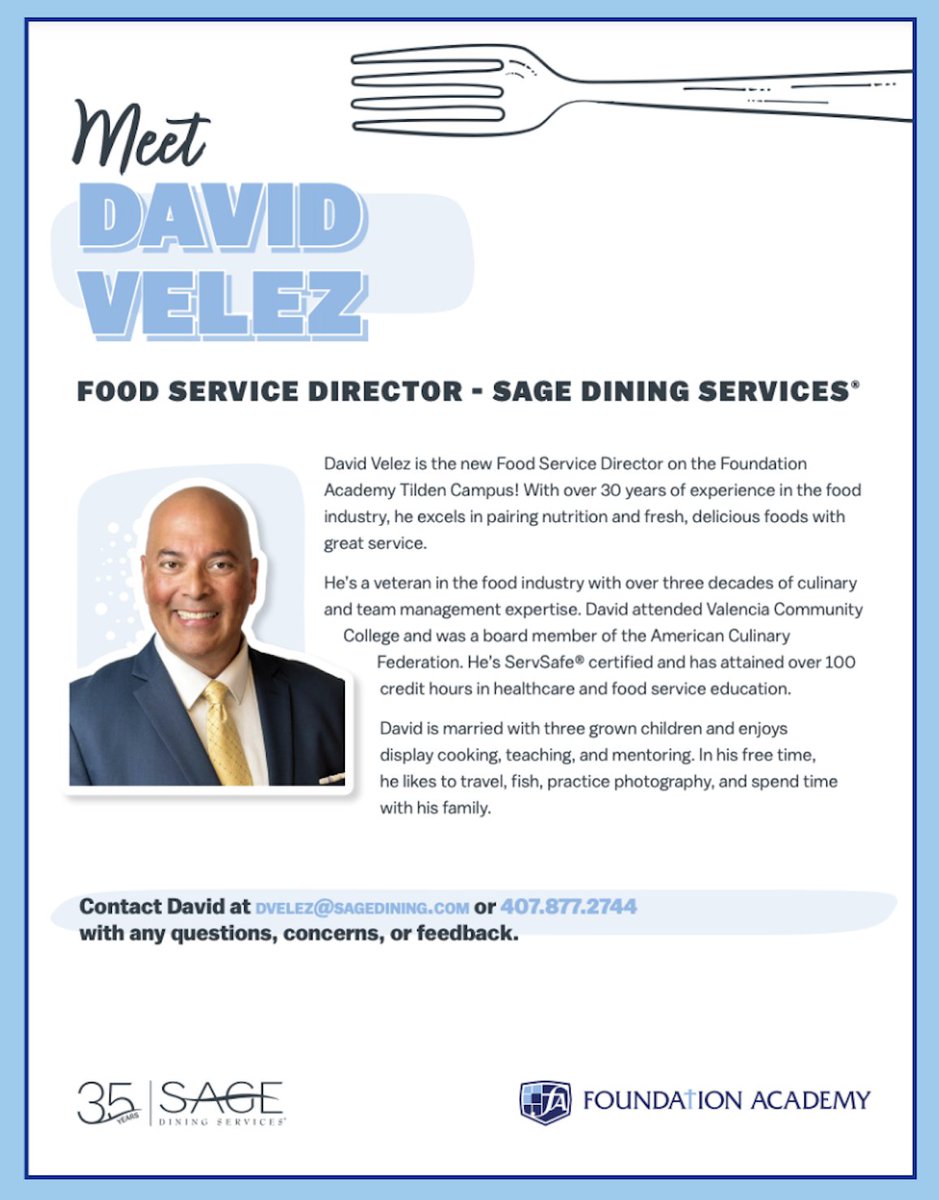 thefalions's tweet photo. Foundation Academy is excited to welcome David Velez and Sage Dining Services to the Tilden Campus!
#FAisFAmily #FATilden #SageDining https://t.co/qoH8SKTqnN
