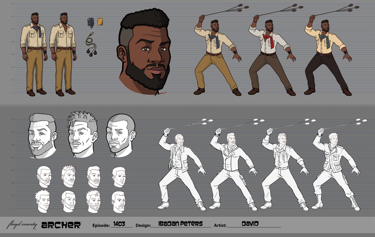 Kuettelonia's tweet photo. Some iterative character designs I did for Ibadan Peters from the last season of Archer, voiced be Lennie James. 

It was super fun to be Design Director on our final season! https://t.co/l77rOtUslD