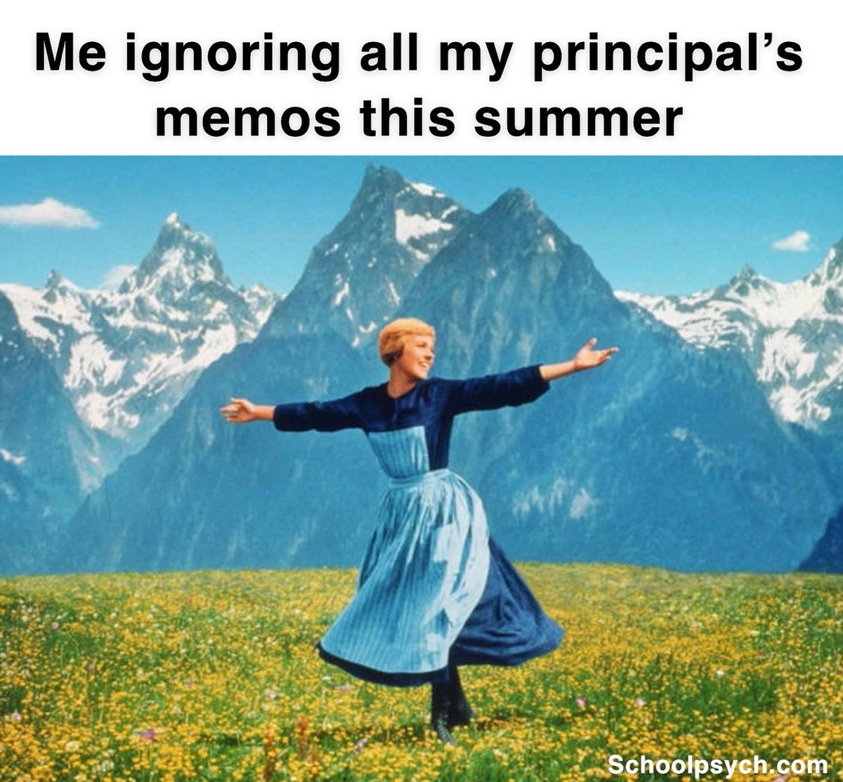 SchoolPsychDCom's tweet photo. The principal’s memos can wait. Enjoy your summer break with some self-care and mountain air! 🏔️💆♀️ #SchoolPsychLife #SelfCare #SummerBreak #EduHumor https://t.co/ImpLPMNHsz