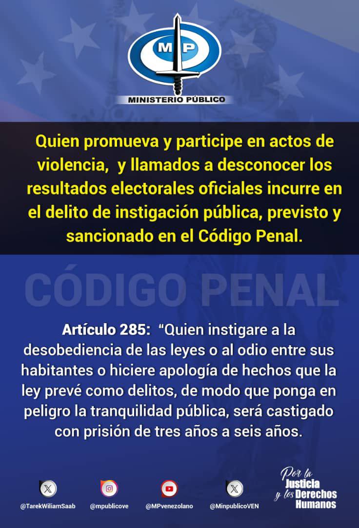 Como garantes de la #Legalidad y la #Paz, daremos una respuesta contundente a todo acto de violencia, vandalismo, promoción al odio e incitación a delinquir, que atente contra la estabilidad de la sociedad y el estado venezolano. #PorLaJusticiaYLosDDHH