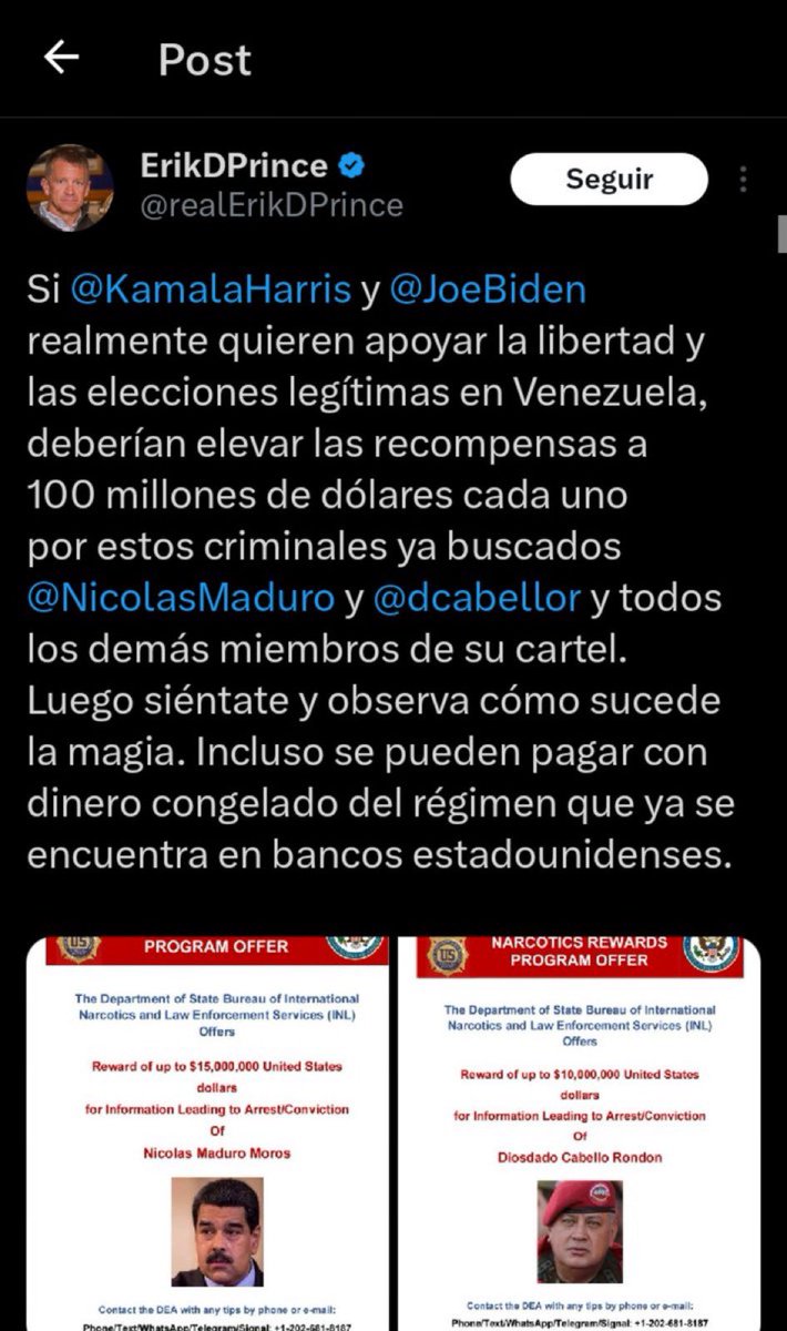 eduardomenoni's tweet image. 🚨 | URGENTE: El dueño de la empresa de seguridad militar privada más grande del mundo, Blackwater, ha dicho que si elevan la recompensa a 100 millones de dólares por Nicolás Maduro, Diosdado Cabello y todo su régimen “solo tienen que sentarse y esperar a que suceda la magia". 🇻🇪
