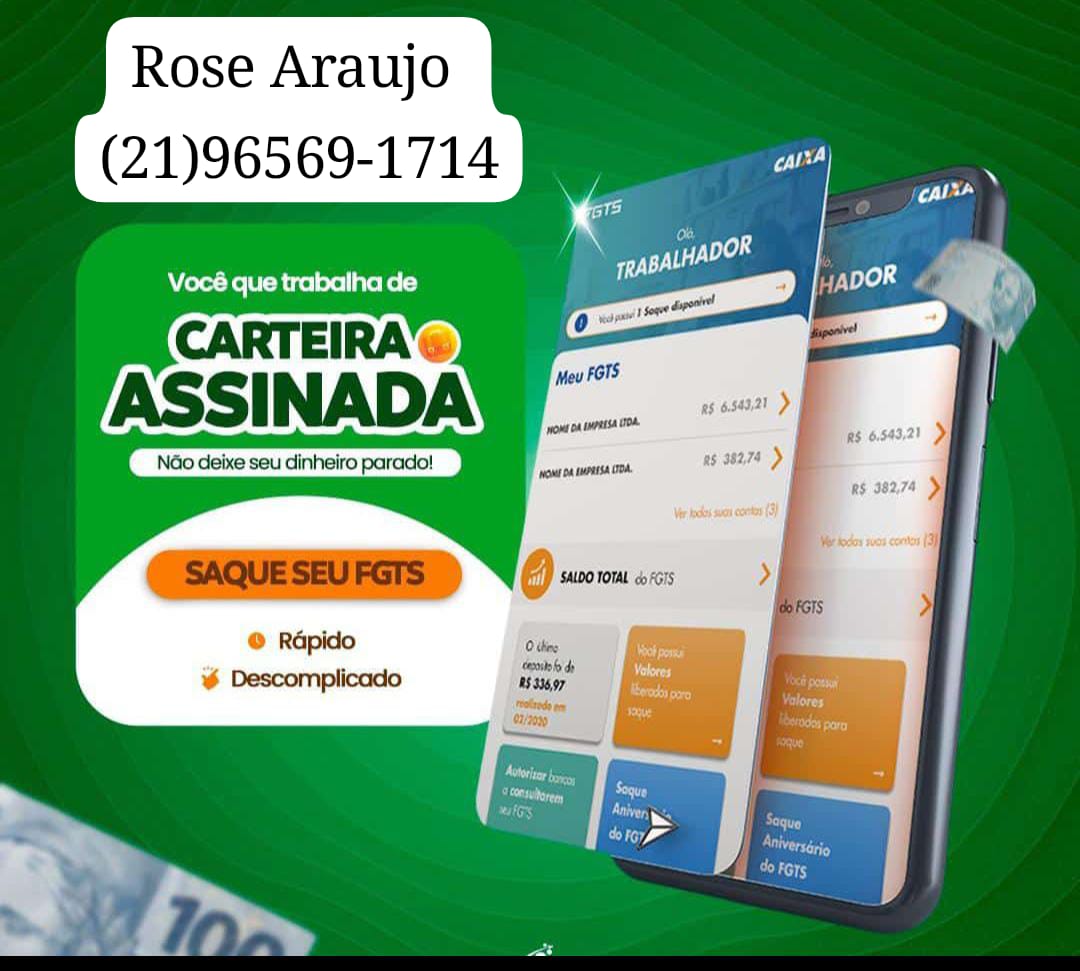 Você que trabalha de carteira assinada,possui o aplicativo do FGTS vem fazer a sua grana extra sem burocracia🤑✍🏼

Dinheiro rápido e seguro🔐 
Melhor taxa de juros do mercado🤑

Chama no WhatsApp 
(21)96569-1714 📲