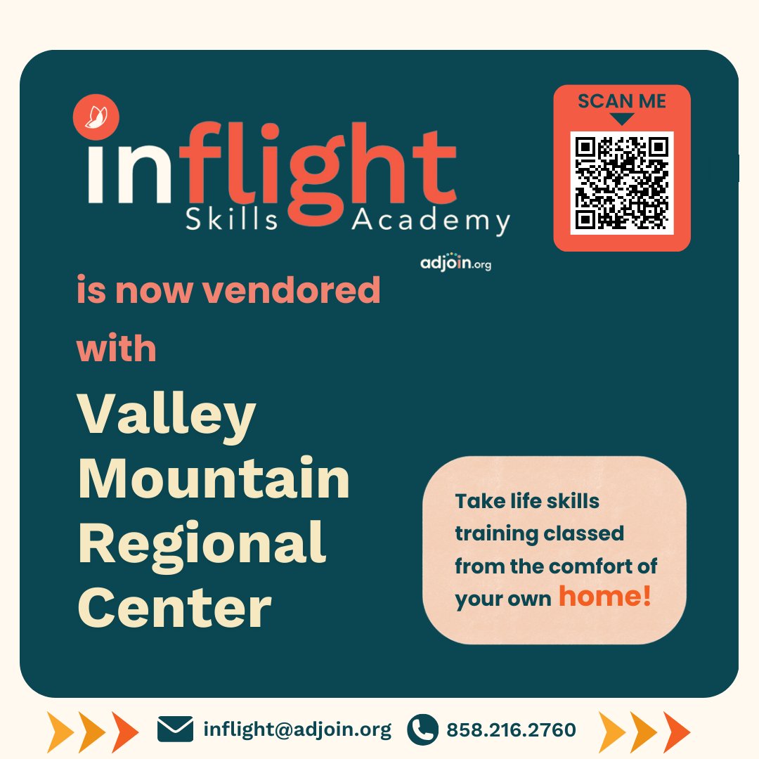 Adjoinorg's tweet image. We are vendored with VMRC! Join us as we launch our new courses for Northern California Valley Mountain Regional Center. Take a look at our course options and connect with us for more information. ⁠
⁠
@valley.mtn⁠
⁠
#ValleyMountainRegionalCenter #VMRC #ExcitingNews #Inflight