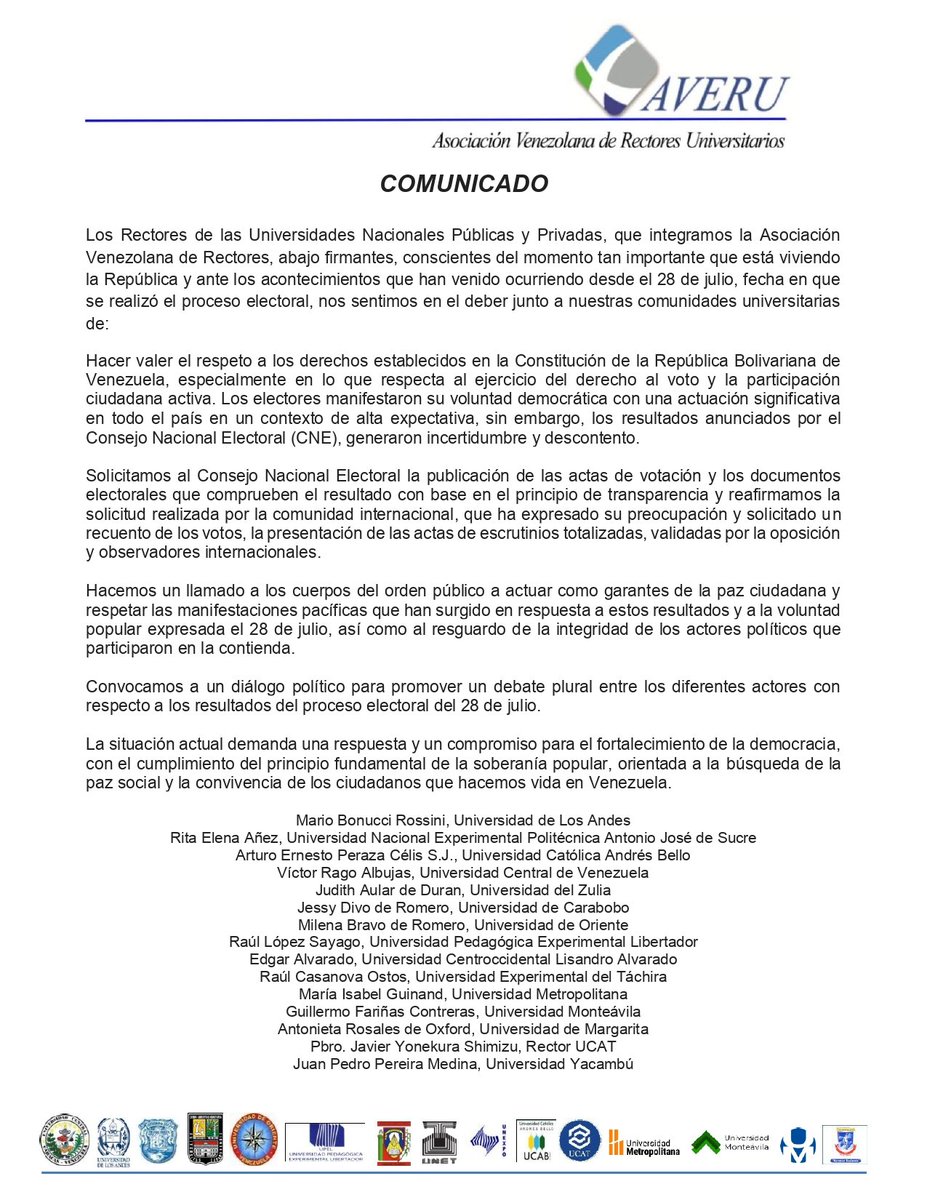 Comunicado de la Asociación Venezolana de Rectores Universitarios (AVERU) ante los acontecimientos que han venido ocurriendo desde el 28 de julio.

#Unexpo #UnexpoVe #UnexpoEnRedes #Universidades #UniversidadesDeVenezuela #LaUniversidadTecnicaDelEstadoVenezolano  #Averu