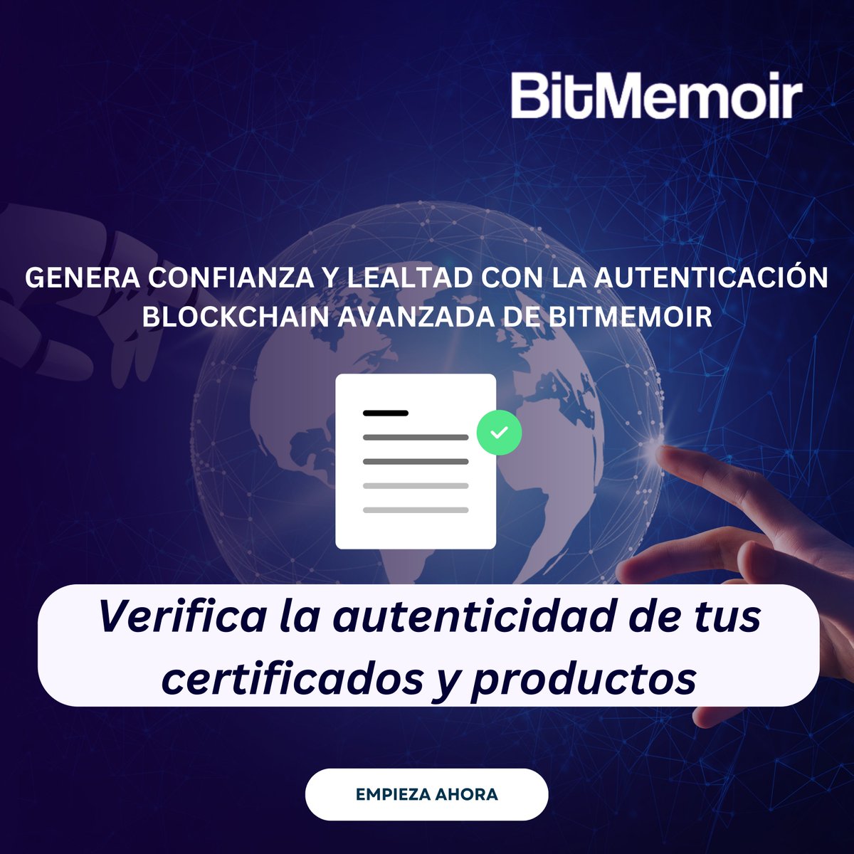 Bitmemoir_latam's tweet photo. Gana la confianza y la lealtad de tus estudiantes o clientes con la autenticación avanzada de blockchain de BitMemoir, garantizando la validez de tus certificados y productos. ✨

#BitMemoir #ConfianzaBlockchain #LealtadDelCliente #CertificadosAuténticos #InnovaciónTecnológica https://t.co/eDqKy1lEoH