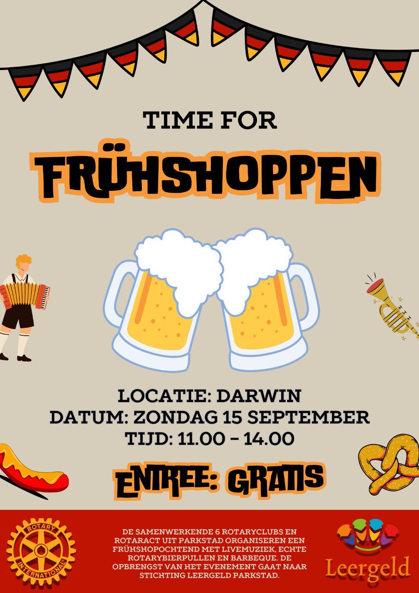 Doe mee aan fruhshoppen voor het goede doel! 🎉 Kom op zondag 15 september naar restaurant Darwin in Heerlen voor een gezellig ontbijt met live muziek. Steun lokale goede doelen samen met de Rotary clubs van Parkstad! 🎶🍻 #Fruhshoppen #GoedeDoel #RotaryParkstad #rclandgraaf