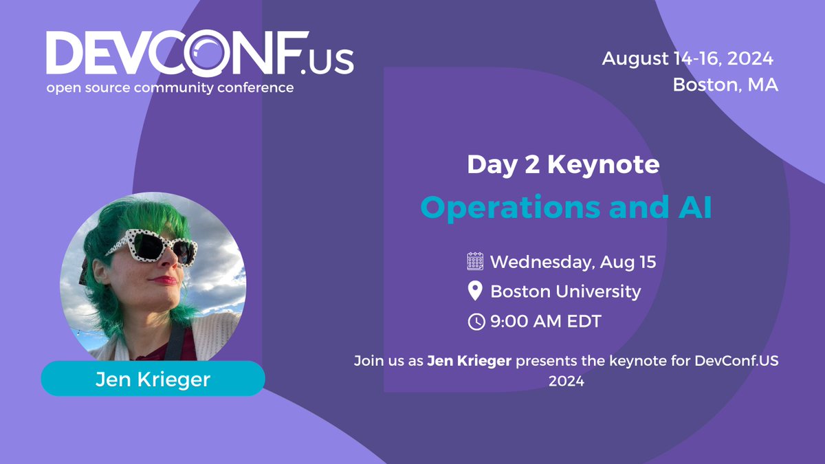 devconf_us's tweet image. We are thrilled to announce that our Day 2 keynote speaker is @mrry550! 🎉 Don&apos;t miss Jen&apos;s insights on #Operations and #AI, and be sure to explore other exciting sessions, discussions, and workshops at #devconfus2024. Register today: devconf.info/us/#registrati… 
#definefuture