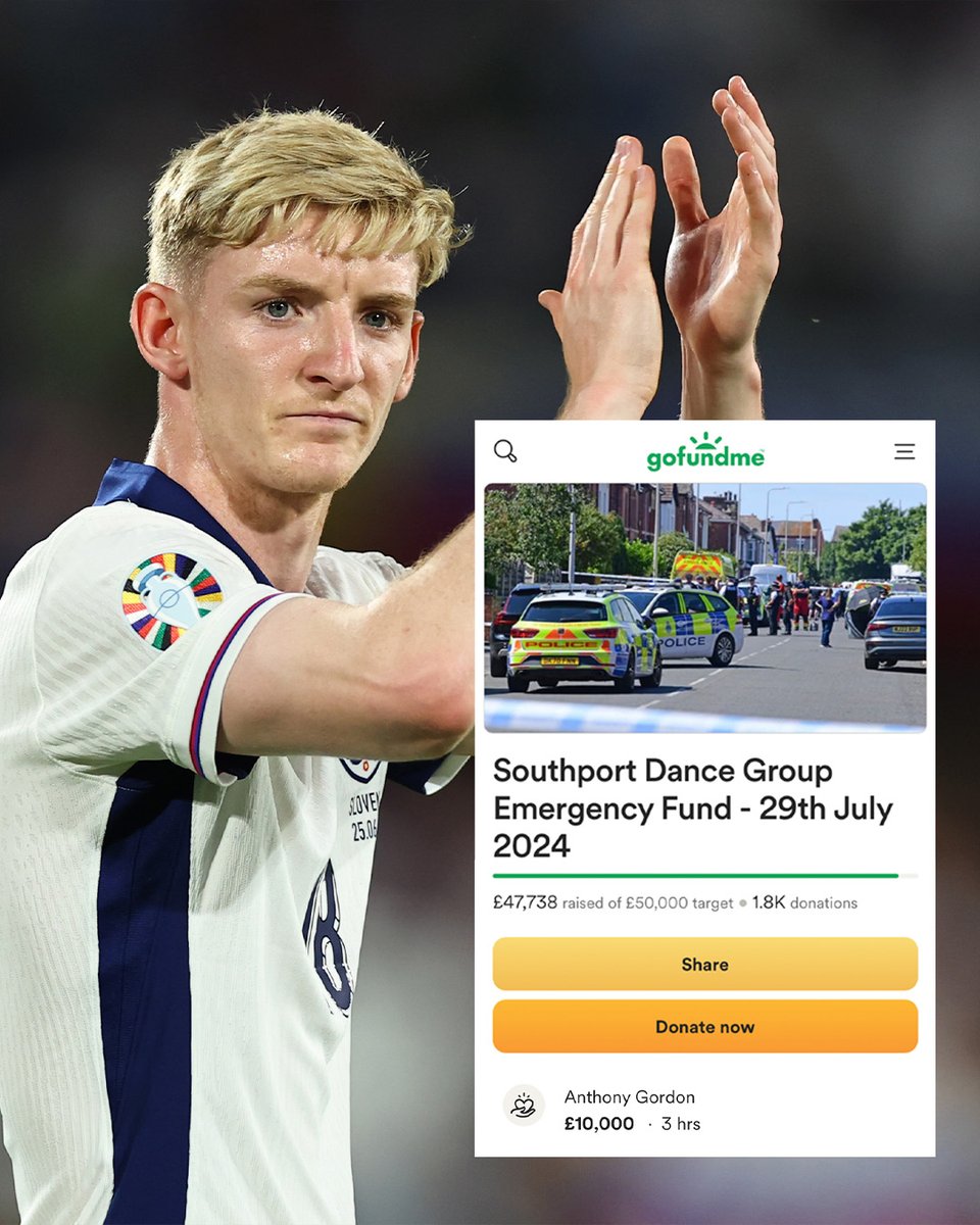 footballontnt's tweet photo. Merseyside-born Newcastle United &amp; England international Anthony Gordon has donated £10,000 towards victims of the recent knife attack in Southport. https://t.co/WCdoAjN46f
