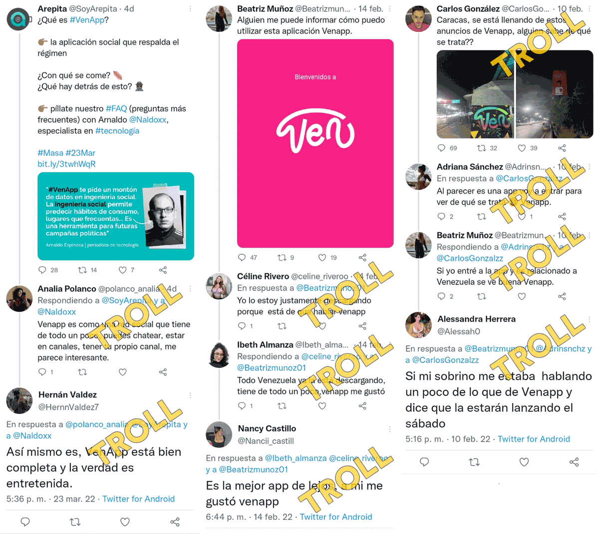 cazamosfakenews's tweet photo. ⚠️ #LaHoraDeVenezuela | 8 cosas que sabemos sobre VenApp que quizás ya olvidaste

VenApp es una aplicación de gobierno electrónico, una aspiradora de datos que inicialmente fue presentada como una "red social" venezolana, supuestamente desarrollada por emprendedores venezolanos.

Originalmente canalizaba reportes de problemas con servicios públicos. Pero esta semana, la app —bajo control gubernamental— comenzó a ser usada para centralizar reportes de manifestaciones sociales en calles de Venezuela, y para reportar "Guarimbas Fascistas".

Es decir, está siendo usada para centralizar la delación y persecución a personas que manifiestan en las calles.

Estas son solamente 8 cosas que denunciamos en su momento sobre VenApp, pero que quizás ya olvidaste:

1⃣ La primera vez que supimos de la palabra "VenApp" fue en febrero de 2022, cuando en Twitter fue promocionada de forma encubierta por una red de cuentas falsas en X.

Hilo 🧵1/8