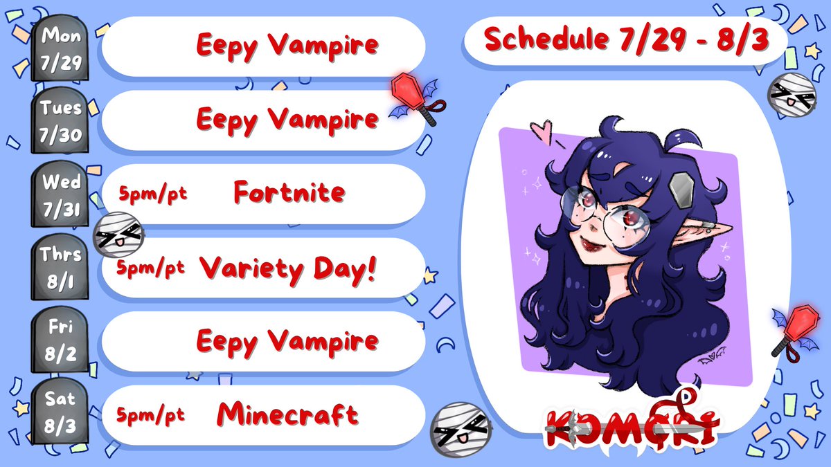 KomoriKnightVT's tweet photo. 🩸⚔️SCHEDULE 7/29 - 8/3🦇
Made a draft for this schedule yesterday and never posted it!! Whoops! ;p
Live: #knightlive
Art: #knightsdraw
#vtuber #TwitchAffilate #Fortnite #minecraft https://t.co/NK1747VKAF