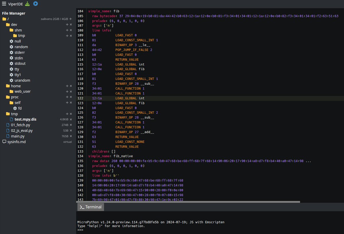 vshymanskyy's tweet image. Working on #MicroPython disassembler in ViperIDE.
Cutting-edge or cringe? Tell me! 😅
#Python #WebAssembly #WebIDE