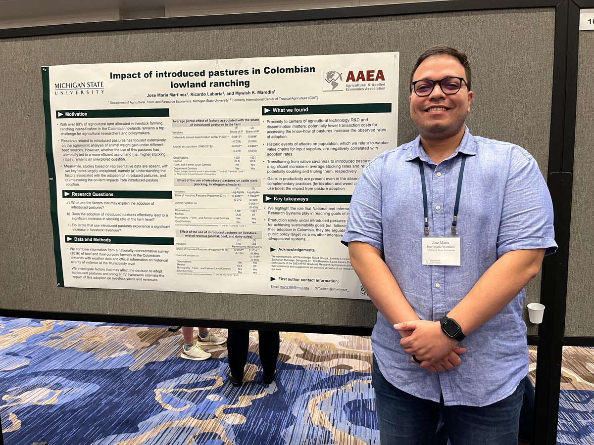 Michigan State AFRE Grad Student Organization (@afregso) on Twitter photo AFRE Students at the #AAEA2024
AFRE PhD Candidate <a href="/jmartinezr_/">Jose María Martínez</a> is presenting his poster on lowland ranching in Colombia at the AAEA 2024 in New Orleans. AFRE Students at the #AAEA2024
AFRE PhD Candidate <a href="/jmartinezr_/">Jose María Martínez</a> is presenting his poster on lowland ranching in Colombia at the AAEA 2024 in New Orleans.
