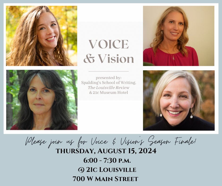 TheLouRev's tweet image. Join us for Voice & Vision's Season Finale @21cLouisville, a Celebration of New Books, on Aug 15, 6-7:30pm
Features TLR's @AFKapoor, Katrina Kittle, Kelly Creagh & Maryann Lesert + hosts TLR Editor Sena Jeter Naslund & @spaldingwriting's @KatyYocom1
More:
mailchi.mp/spalding/voice…