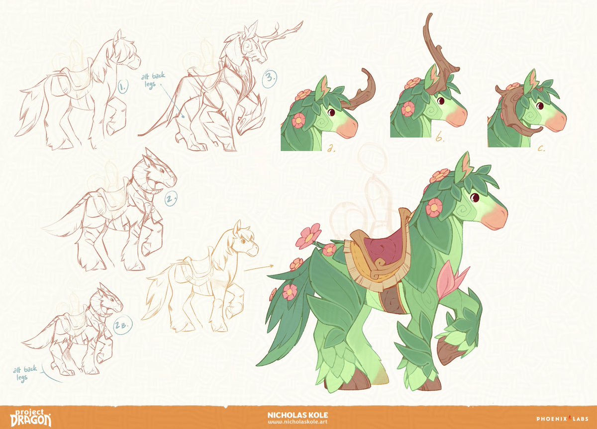 Other times your AD tells you “I know it’s not especially inventive, but I think we need a horse” and you ask “can it be made of flowers and leaves?” And he says “yes” and then you draw the ponyest plant pony you’ve ever pony’d and lowkey base it on the horse from harvest moon 😅