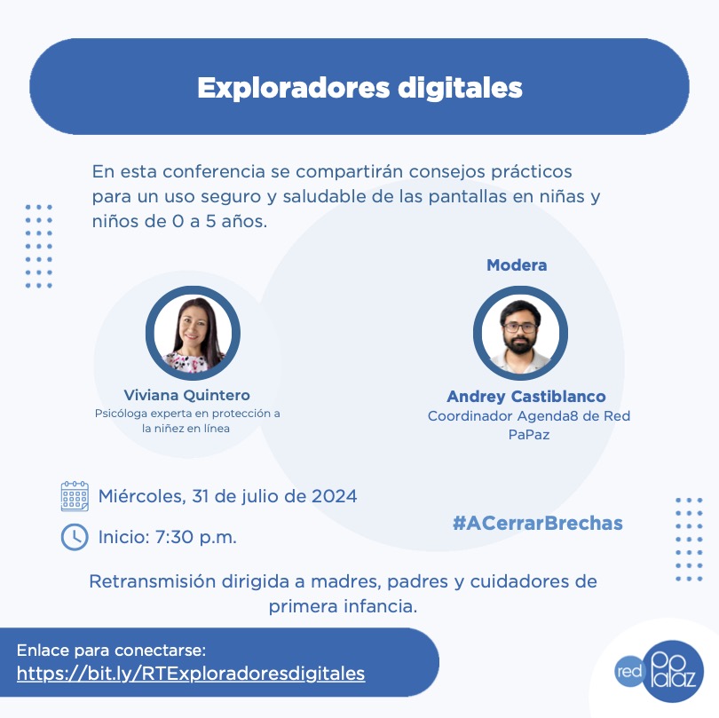 ¿Qué herramientas tenemos madres, padres y cuidadores para prevenir que  ¡nuestras hijas e hijos entre los 0 y los 8 años accedan a contenidos riesgosos, sexuales o violentos en Internet?
Hoy a las 7:30pm no se pierda la charla con <a href="/VivianaQDigital/">Viviana Quintero</a> en bit.ly/RTExploradores…