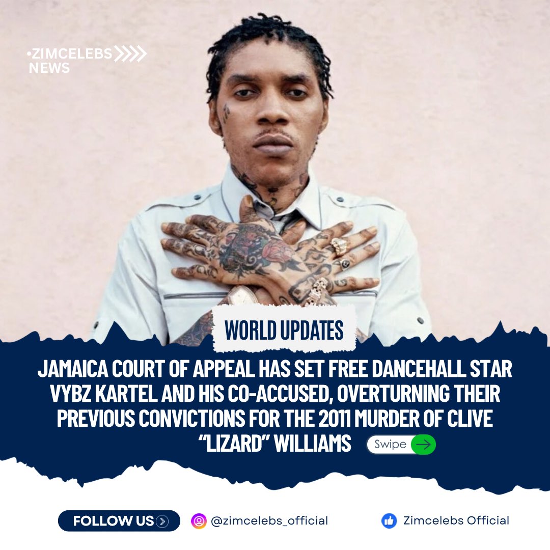 zimcelebs1's tweet photo. #ZCWorldUpdates : The Jamaica Court of Appeal has released dancehall star Vybz Kartel and his co-defendants, overturning their previous convictions for the 2011 murder of Clive “Lizard” Williams.
The verdict from the Court of Appeal was announced by a three-judge panel consisting of Justices Marva McDonald-Bishop, Paulette Williams, and David Fraser. The judges unanimously decided against the retrial of Vybz Kartel and his co-defendants for the murder of Clive “Lizard” Williams.
This ruling comes after a March 2024 judgment by the UK-based Privy Council, which invalidated the murder convictions due to juror misconduct.