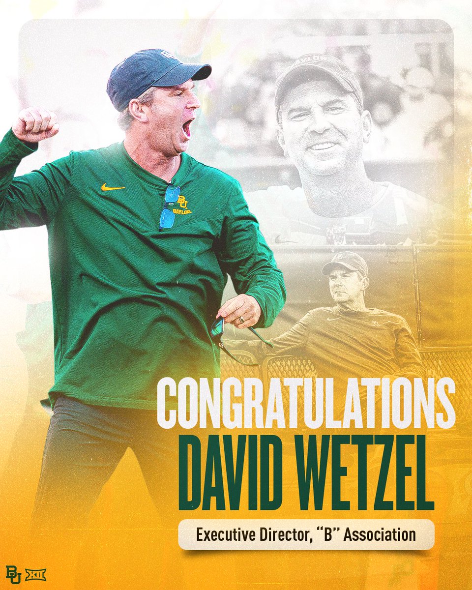 BaylorAthletics's tweet image. Join us in congratulating @coachdwetzel, our new Executive Director of the Baylor "B" Association! 🏆 

&amp;gt;&amp;gt; baylorbea.rs/3WIUZ2w 

#SicEm | @BULetterwinners
