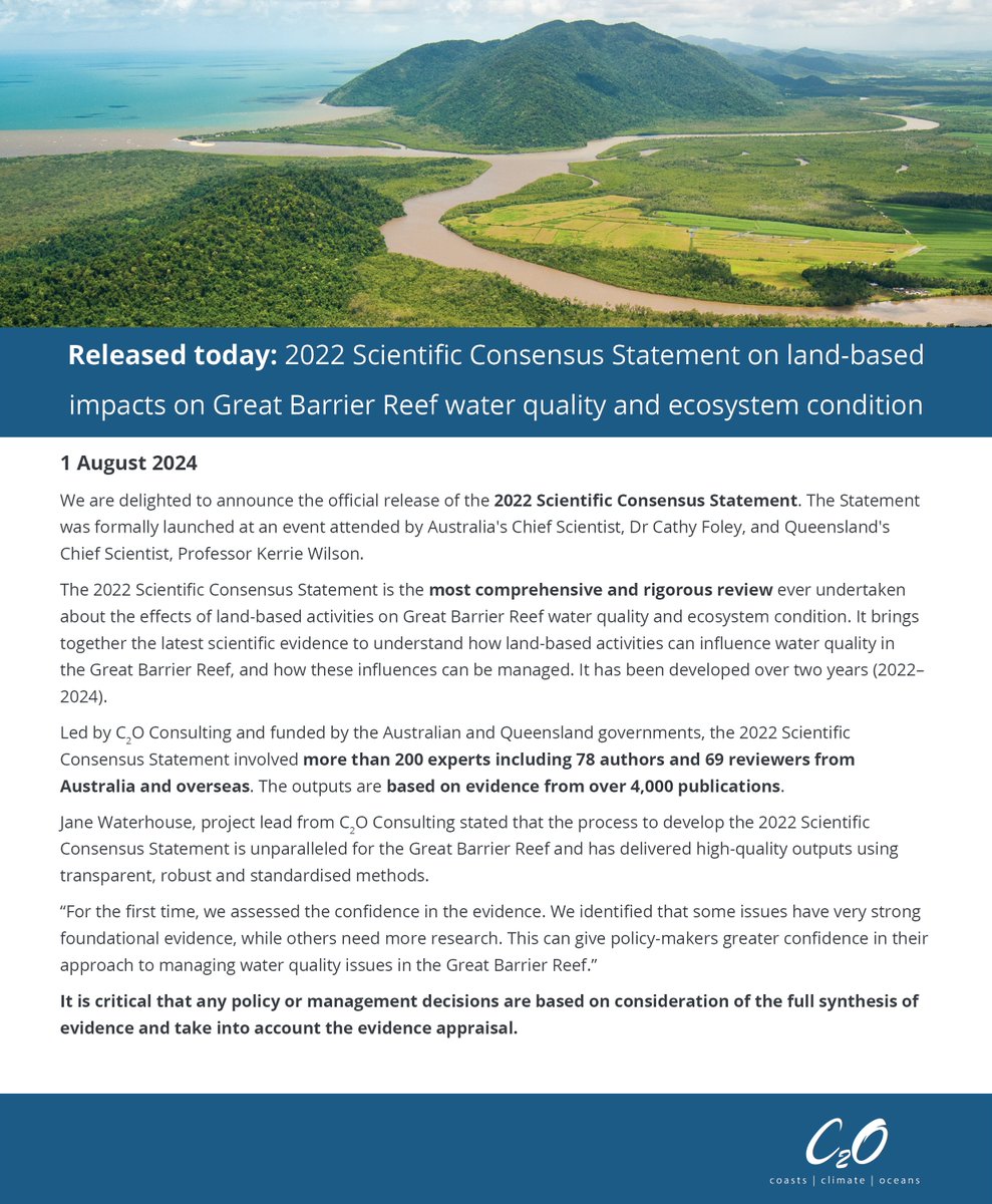 🚨 New release! The 2022 Scientific Consensus Statement on the influence of land-based activities on Great Barrier Reef water quality is out now. 🌊 &gt;200 experts &amp; 4,000+ publications contributed to the Statement. Dive into the details: reefwqconsensus.com.au #GreatBarrierReef