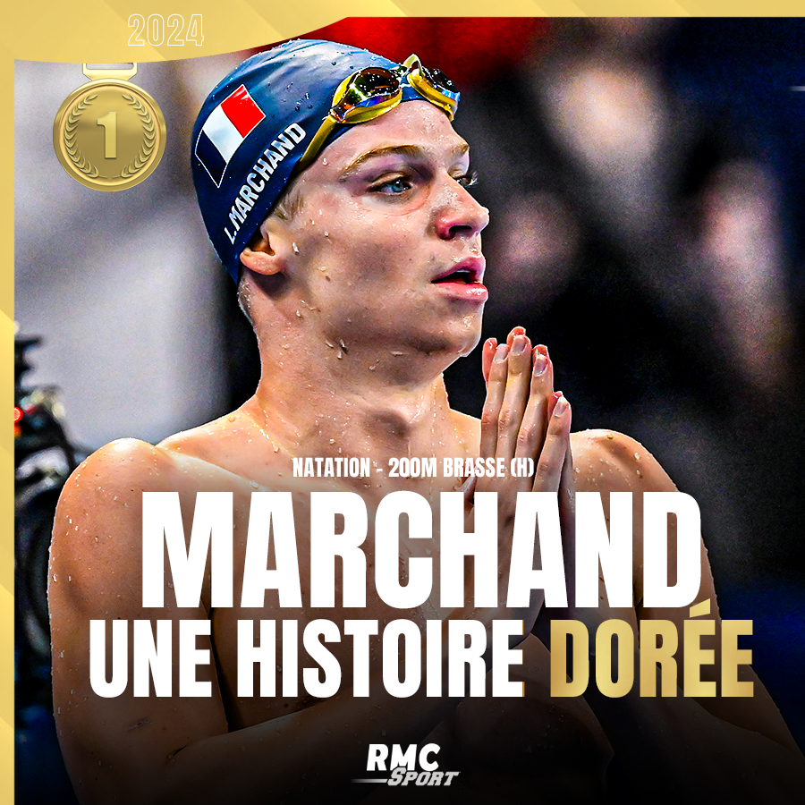 RMCsport's tweet photo. 🇫🇷 𝐋𝐄́𝐎𝐍 𝐌𝐀𝐑𝐂𝐇𝐀𝐍𝐃 𝐄𝐒𝐓 𝐔𝐍 𝐄𝐗𝐓𝐑𝐀𝐓𝐄𝐑𝐑𝐄𝐒𝐓𝐑𝐄 ! 🏅 

Après s'être imposé sur le 200m papillon, le nageur tricolore récidive sur le 200m brasse.

Le Français décroche sa troisième médaille d'or dans ces JO de Paris. L'un des plus grands. 

 #Paris2024 https://t.co/p3PjJshAVB